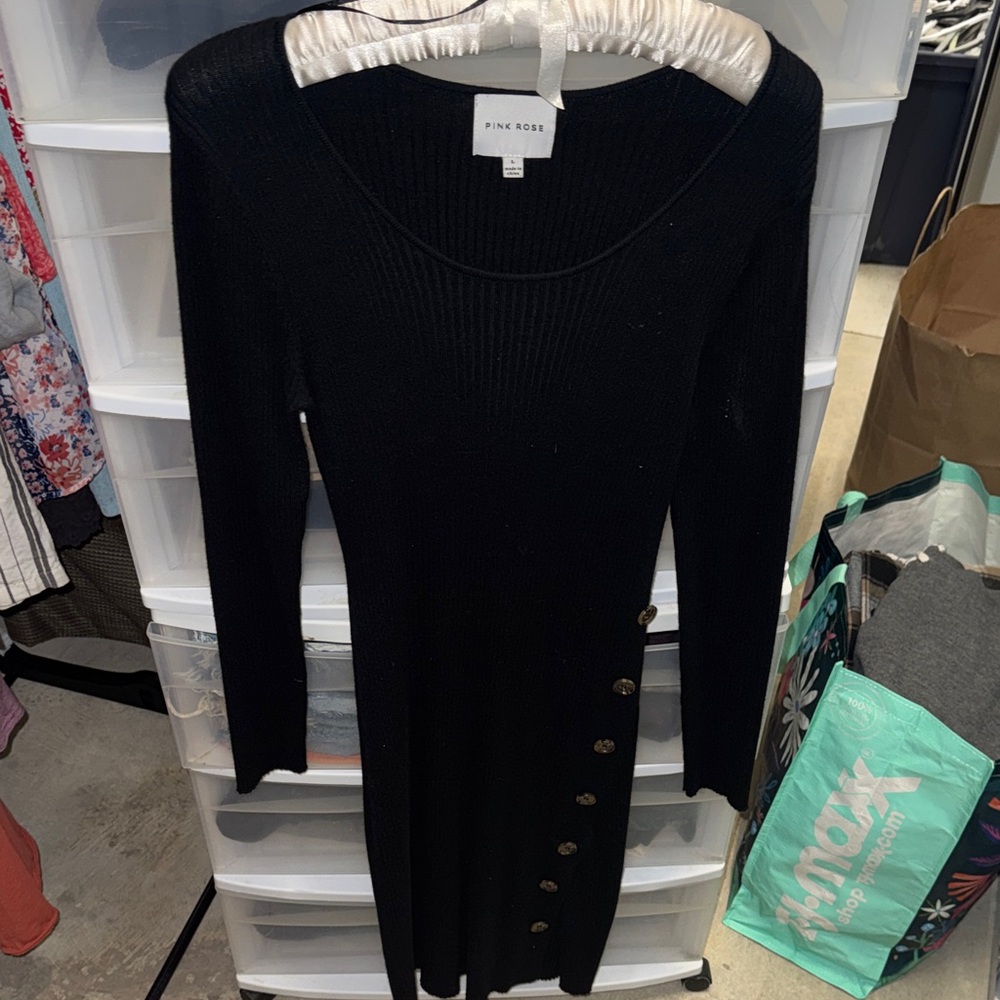 Pink Rose Long Sleeve Black Dress with Button Detail